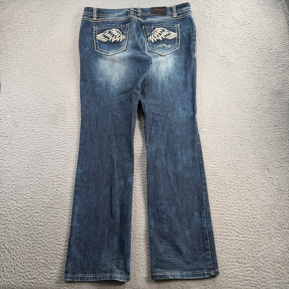 VTG Ed Hardy Jeans Womens 34x32 Straight Leg Blue Embroidered Wings Y2K